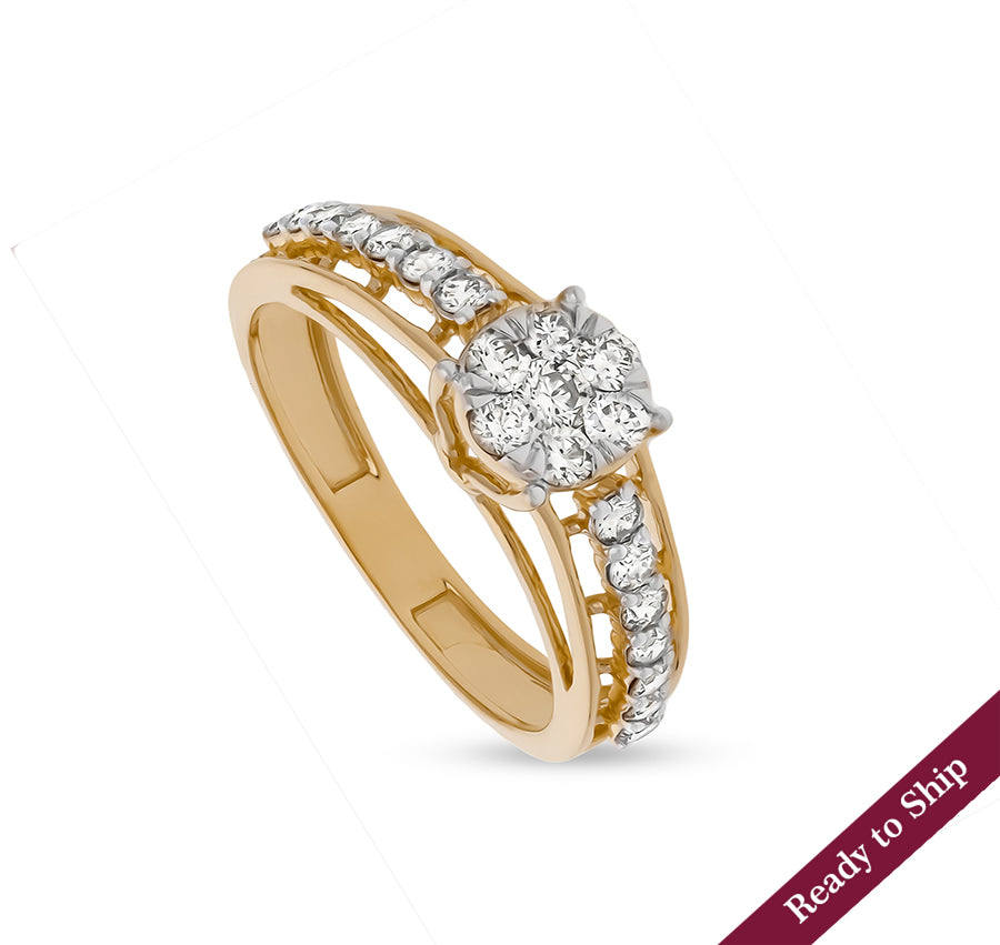 Floral Shape Round Natural Diamond With Prong setting Yellow Gold Engagement Ring