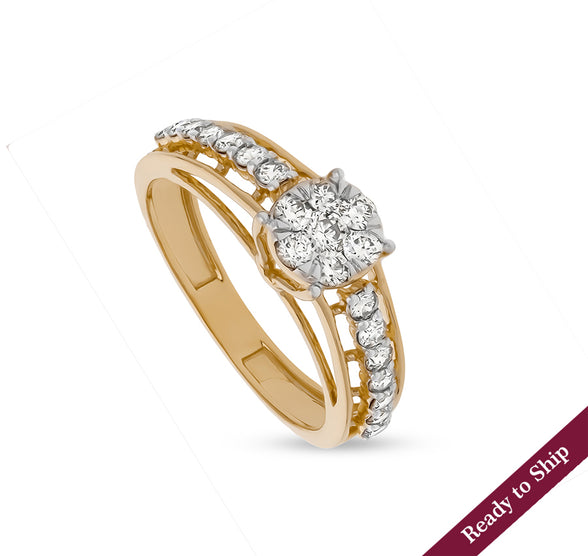 Floral Shape Round Natural Diamond With Prong setting Yellow Gold Engagement Ring