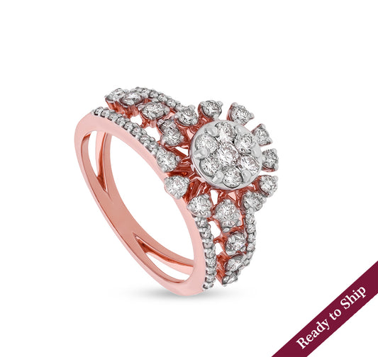 Flower Shape White Round Natural Diamond With Prong Set Rose Gold Engagement Ring