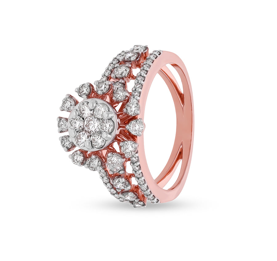 Flower Shape White Round Natural Diamond With Prong Set Rose Gold Engagement Ring