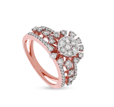 Flower Shape White Round Natural Diamond With Prong Set Rose Gold Engagement Ring