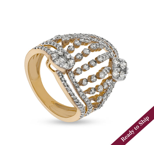 Round Shape Natural Diamond With Prong Set Yellow Gold Cocktail Ring