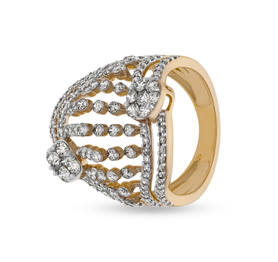 Round Shape Natural Diamond With Prong Set Yellow Gold Cocktail Ring