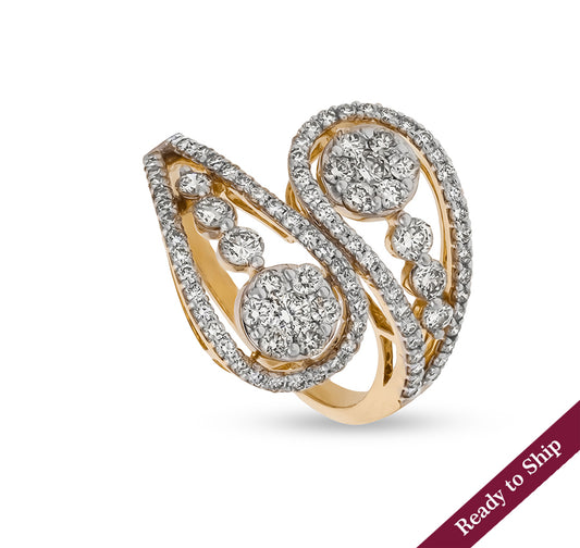 Bypass Double Loop Shape Round Natural Diamond With Prong Set Yellow Gold Casual Ring