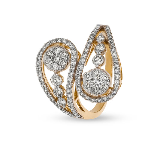 Bypass Double Loop Shape Round Natural Diamond With Prong Set Yellow Gold Casual Ring