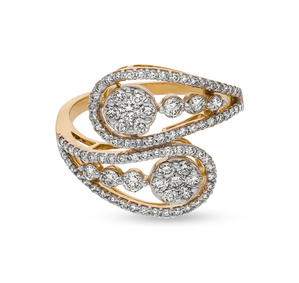 Bypass Double Loop Shape Round Natural Diamond With Prong Set Yellow Gold Casual Ring