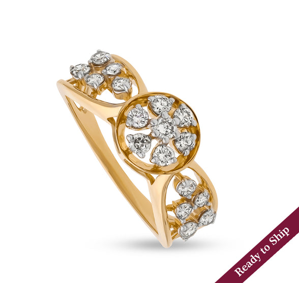 Floral Shape Round Cut Diamond With Prong Setting Yellow Gold Casual Ring