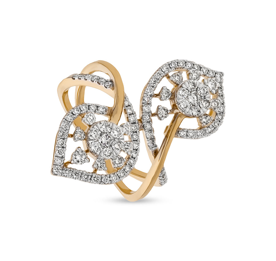 Leaf Shape Round Natural Diamond Prong Set Yellow Gold Cocktail Ring