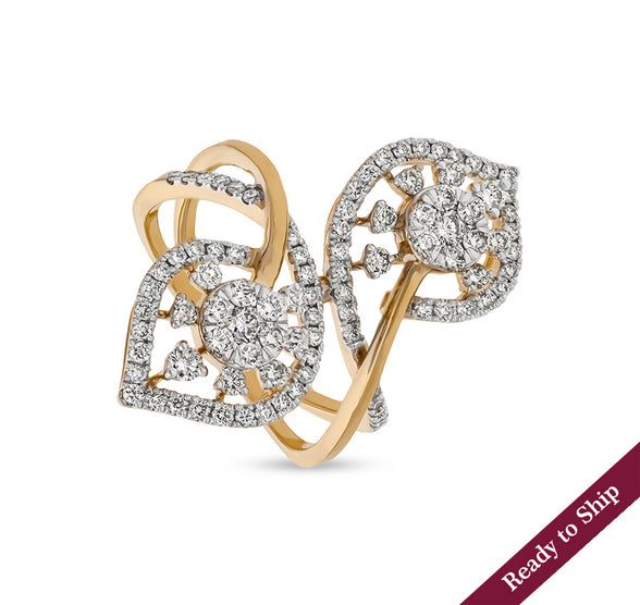 Leaf Shape Round Natural Diamond Prong Set Yellow Gold Cocktail Ring