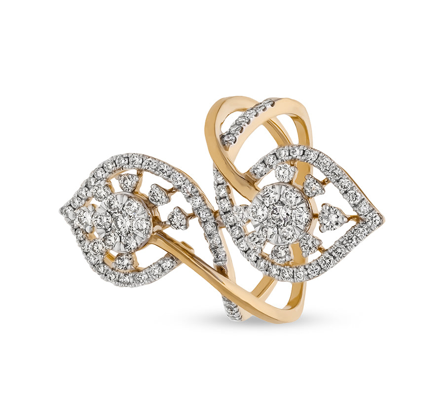 Leaf Shape Round Natural Diamond Prong Set Yellow Gold Cocktail Ring
