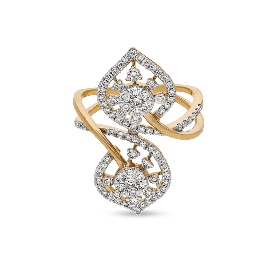 Leaf Shape Round Natural Diamond Prong Set Yellow Gold Cocktail Ring