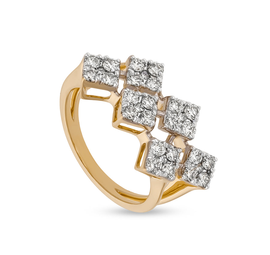 Rhombus Shape Round Natural Diamond With Prong Setting Yellow Gold Casual Ring