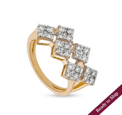 Rhombus Shape Round Natural Diamond With Prong Setting Yellow Gold Casual Ring