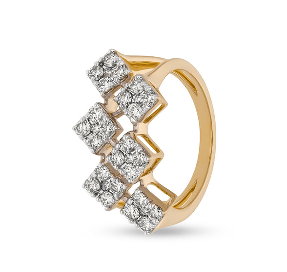 Rhombus Shape Round Natural Diamond With Prong Setting Yellow Gold Casual Ring