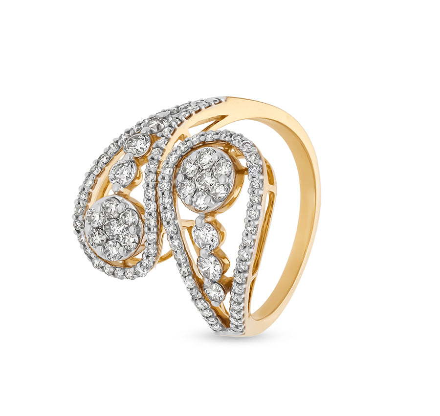 Double Loop Round Natural Diamond with Prong Set Bypass Yellow Gold Casual Ring