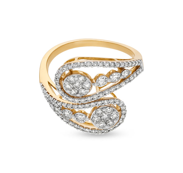 Double Loop Round Natural Diamond with Prong Set Bypass Yellow Gold Casual Ring