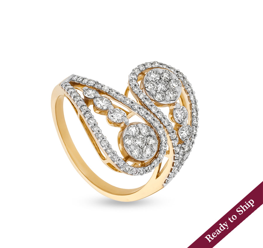 Double Loop Round Natural Diamond with Prong Set Bypass Yellow Gold Casual Ring