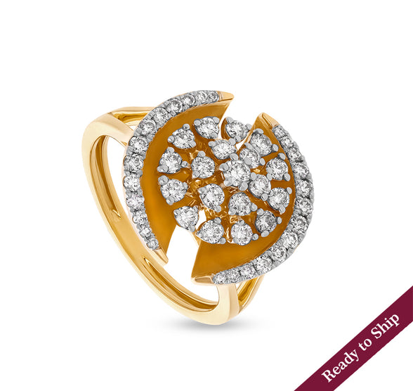 Floral Shape Round Natural Diamond With Prong Setting Yellow Gold Casual Ring