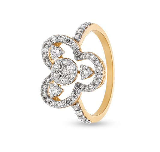 Clover Pattern Round Natural Diamond With Prong Setting Yellow Gold Casual Ring