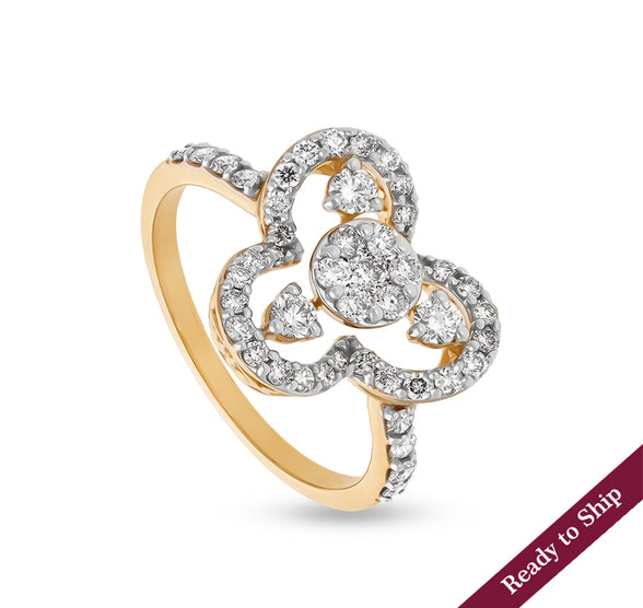 Clover Pattern Round Natural Diamond With Prong Setting Yellow Gold Casual Ring