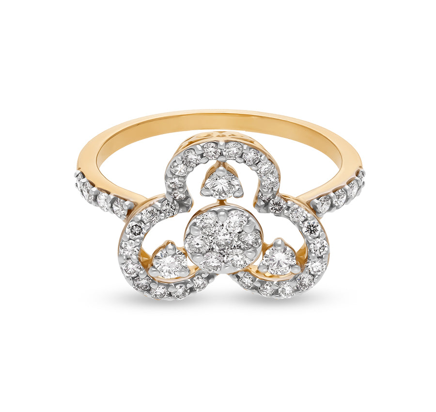 Clover Pattern Round Natural Diamond With Prong Setting Yellow Gold Casual Ring