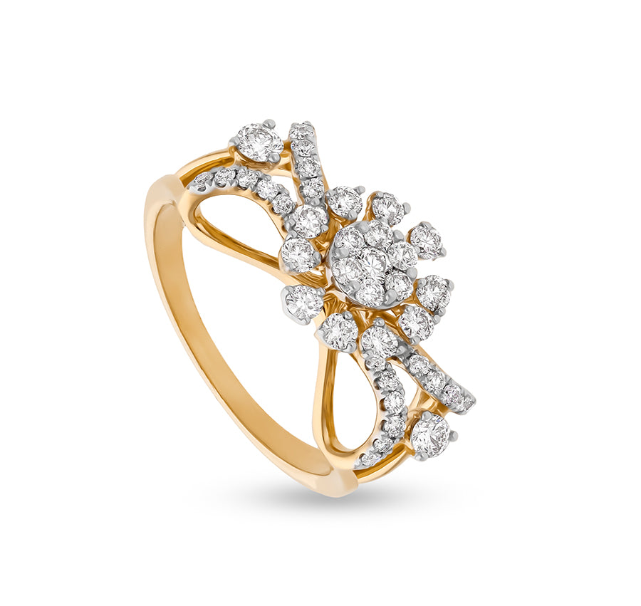 Flower & Infinity Shape Round Natural Diamond With Prong Set Yellow Gold Casual Ring