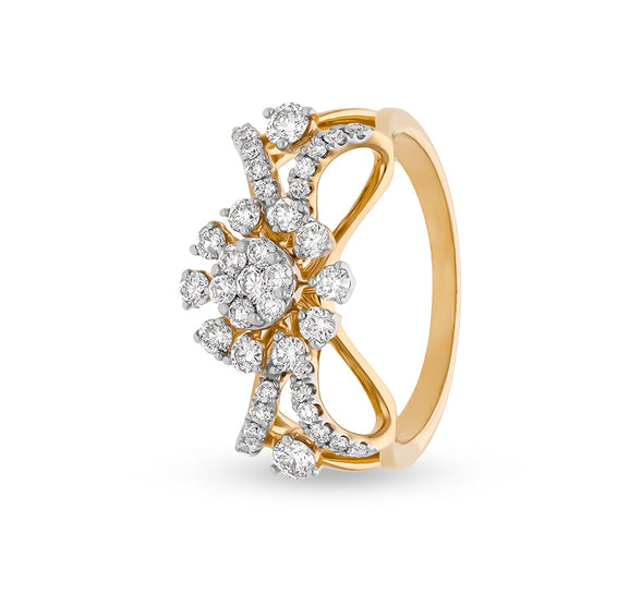 Flower & Infinity Shape Round Natural Diamond With Prong Set Yellow Gold Casual Ring