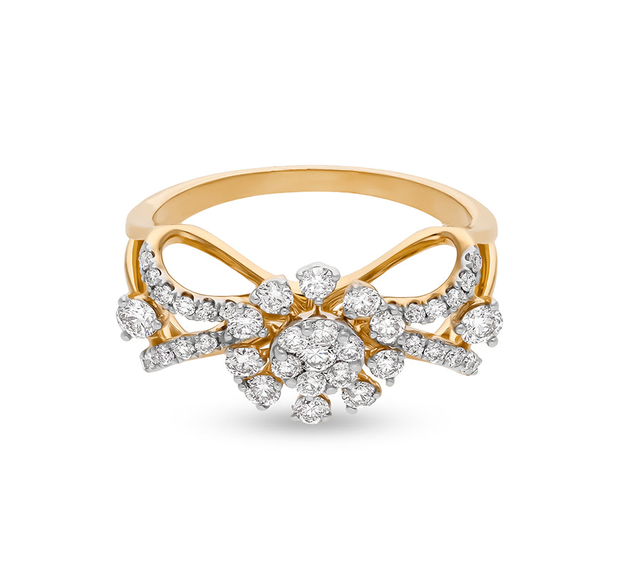 Flower & Infinity Shape Round Natural Diamond With Prong Set Yellow Gold Casual Ring