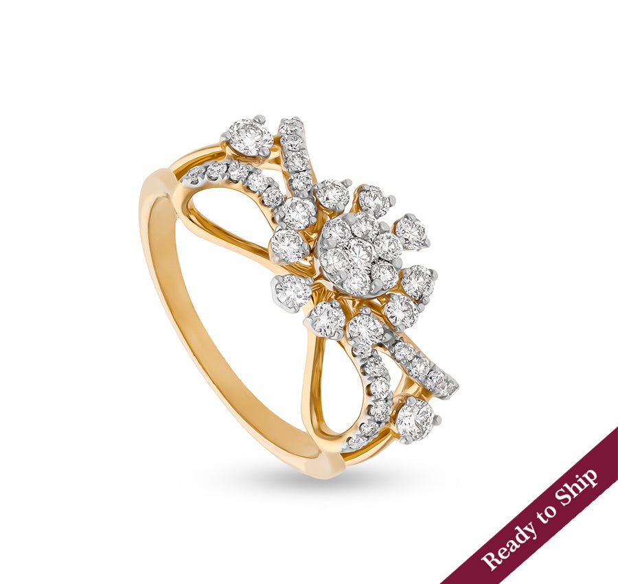 Flower & Infinity Shape Round Natural Diamond With Prong Set Yellow Gold Casual Ring