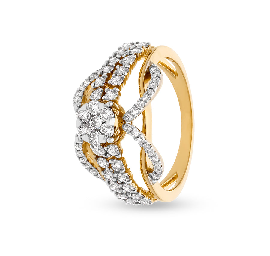 Double Crossover Round Cut Natural Diamond With Prong Set Yellow Gold Casual Ring