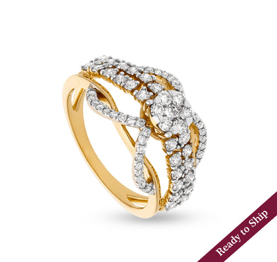 Double Crossover Round Cut Natural Diamond With Prong Set Yellow Gold Casual Ring