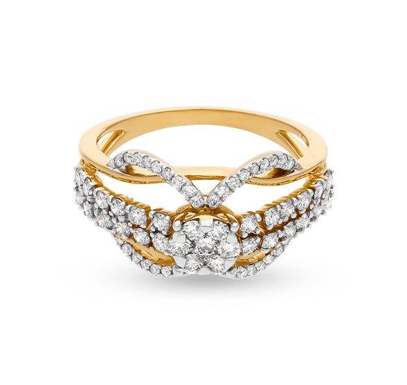 Double Crossover Round Cut Natural Diamond With Prong Set Yellow Gold Casual Ring