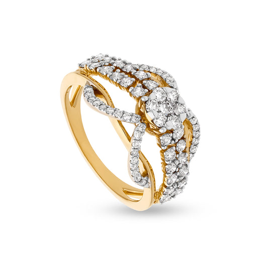 Double Crossover Round Cut Natural Diamond With Prong Set Yellow Gold Casual Ring