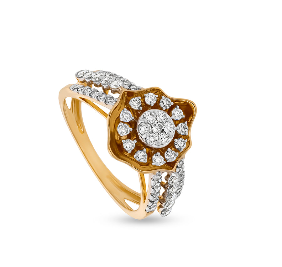 Floral Shape Round Natural Diamond With Prong and Pressure Set Yellow Gold Casual Ring