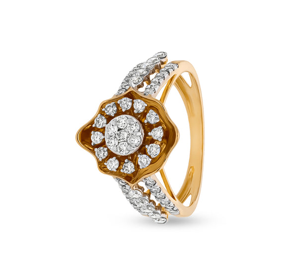 Floral Shape Round Natural Diamond With Prong and Pressure Set Yellow Gold Casual Ring