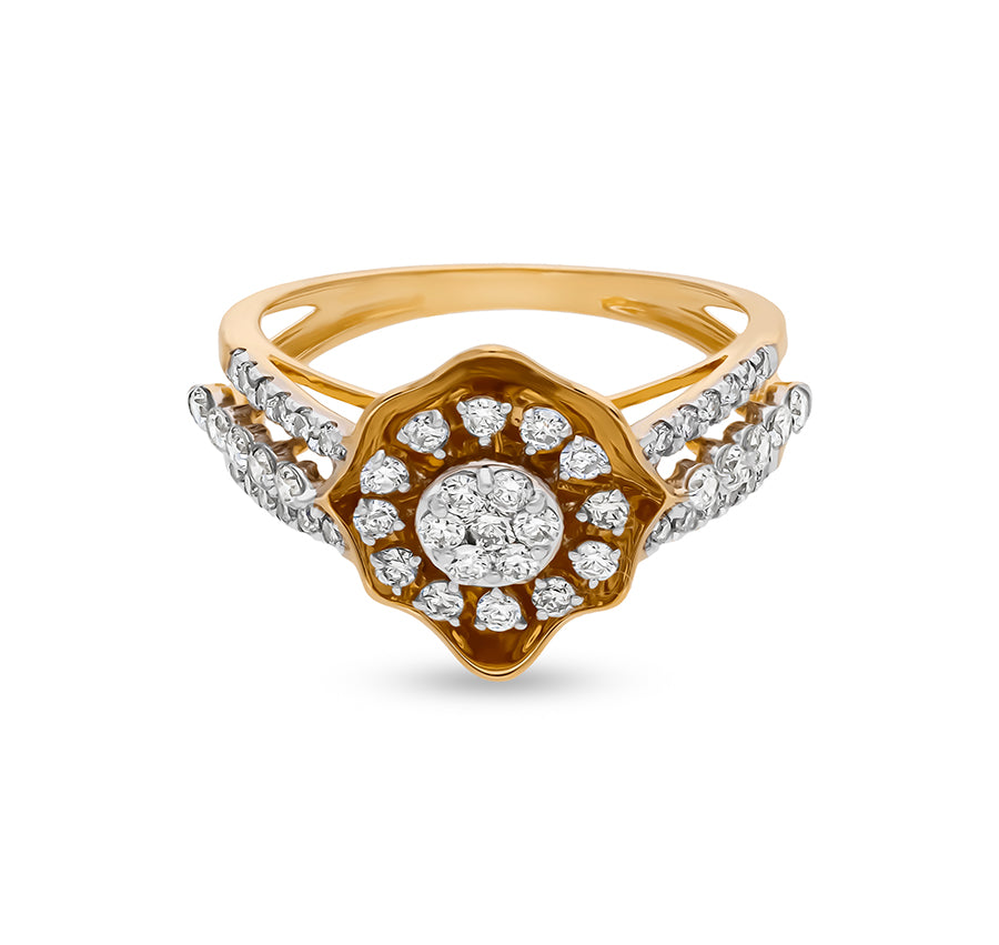 Floral Shape Round Natural Diamond With Prong and Pressure Set Yellow Gold Casual Ring