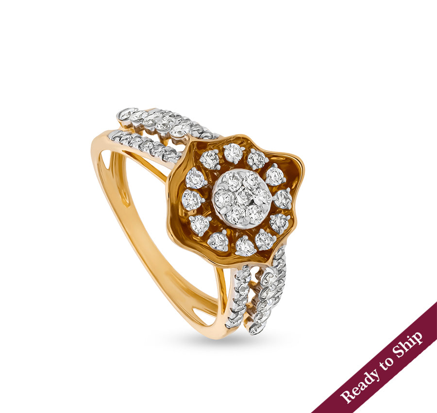 Floral Shape Round Natural Diamond With Prong and Pressure Set Yellow Gold Casual Ring