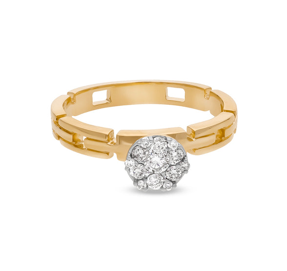 Half Chain Link Shank Round Natural Diamond With Pressure Set Yellow Gold Casual Ring