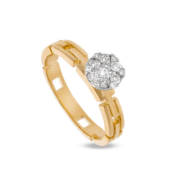 Half Chain Link Shank Round Natural Diamond With Pressure Set Yellow Gold Casual Ring