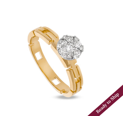 Half Chain Link Shank Round Natural Diamond With Pressure Set Yellow Gold Casual Ring