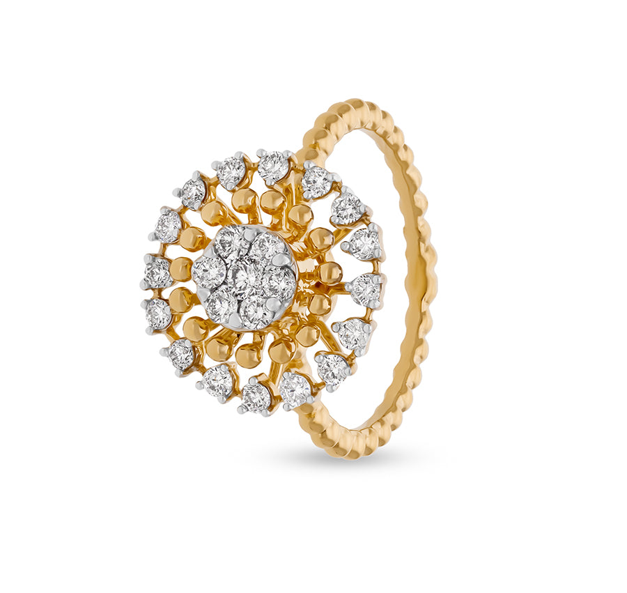 Floral Shape With Romp Bubble Shank Round Natural Diamond Yellow Gold Engagement Ring