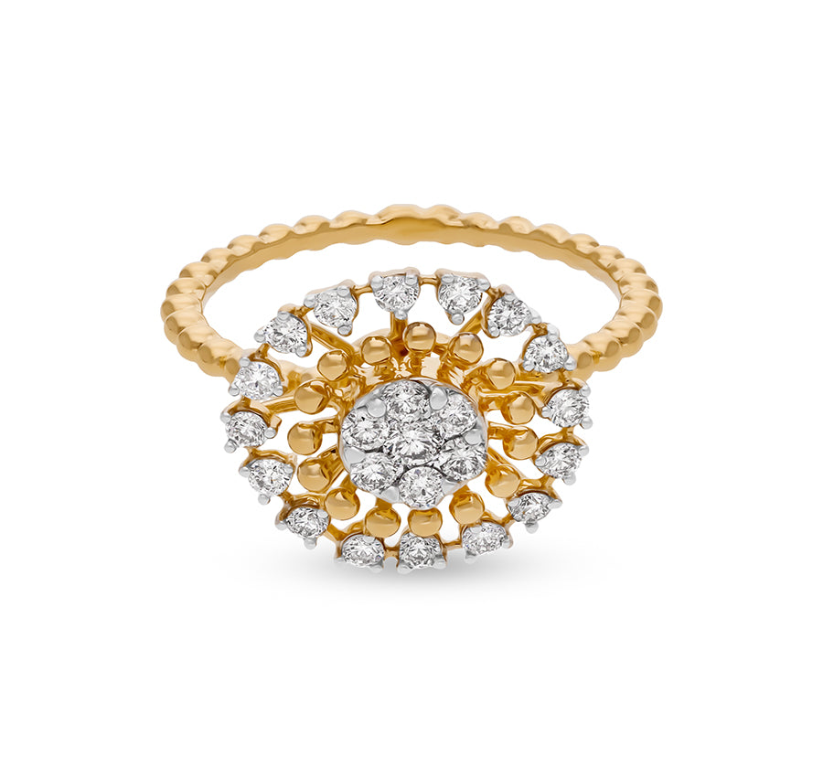 Floral Shape With Romp Bubble Shank Round Natural Diamond Yellow Gold Engagement Ring