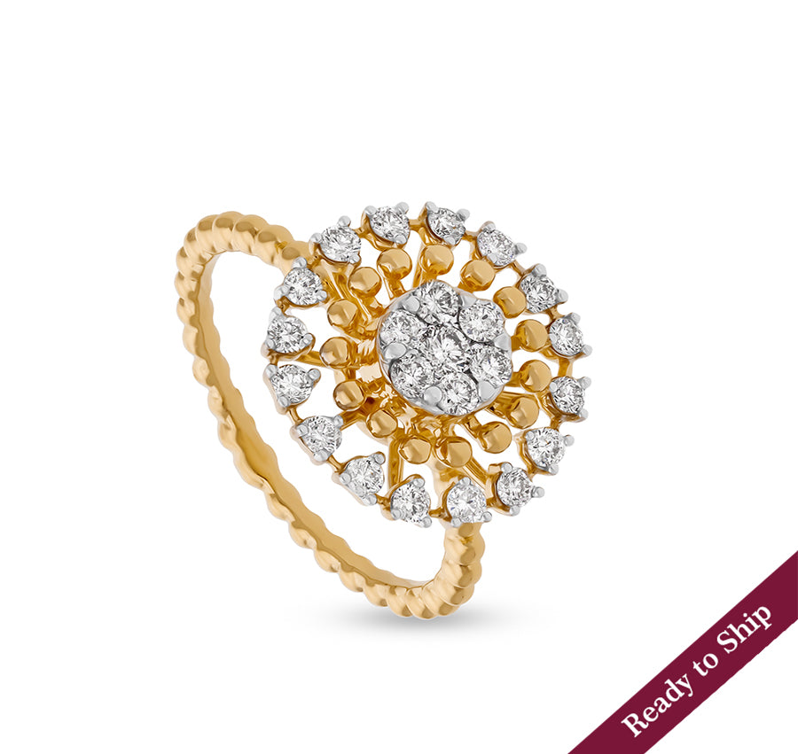 Floral Shape With Romp Bubble Shank Round Natural Diamond Yellow Gold Engagement Ring