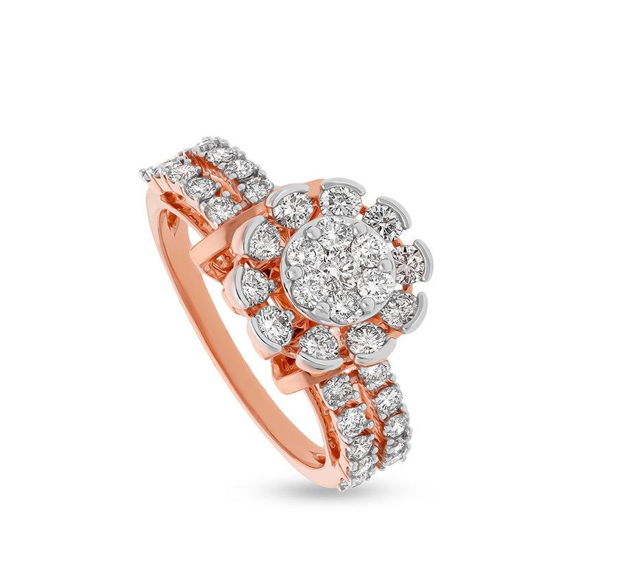 Flower Shape Round Natural Diamond With Prong and Pressure Set Rose Gold Casual Ring