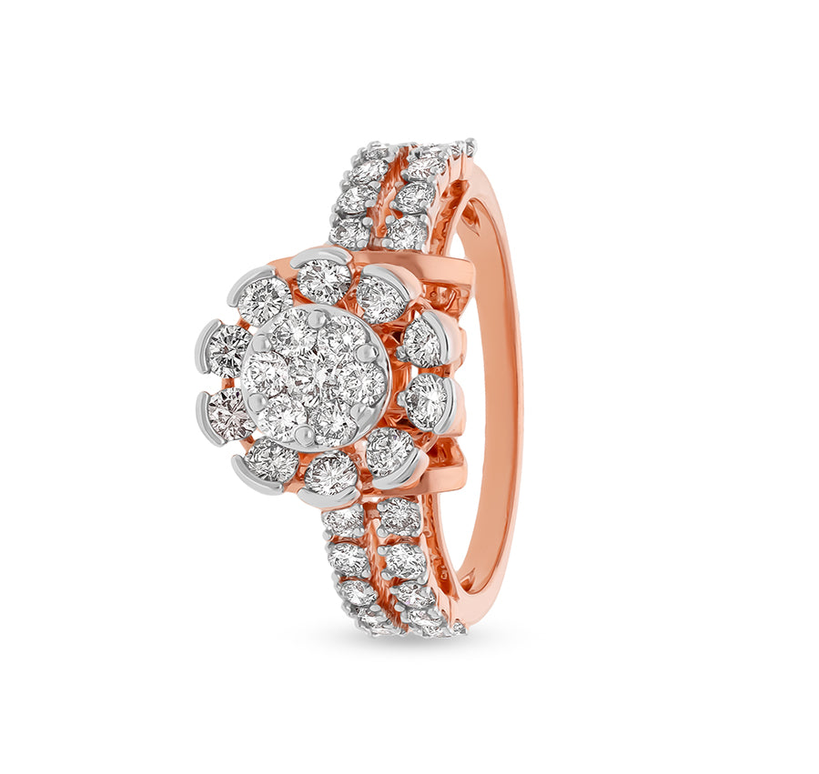 Flower Shape Round Natural Diamond With Prong and Pressure Set Rose Gold Casual Ring