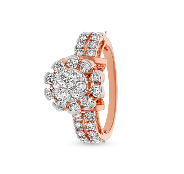 Flower Shape Round Natural Diamond With Prong and Pressure Set Rose Gold Casual Ring