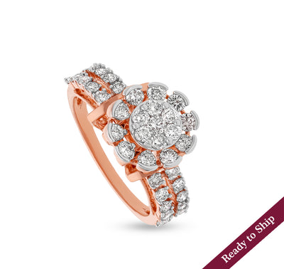 Flower Shape Round Natural Diamond With Prong and Pressure Set Rose Gold Casual Ring