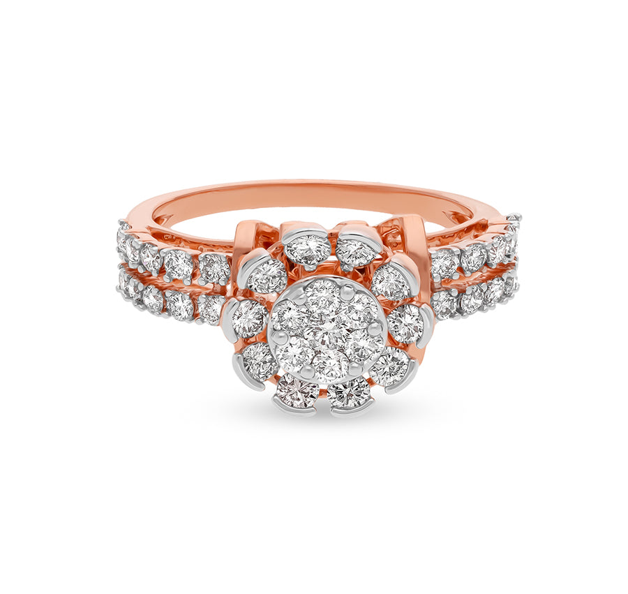 Flower Shape Round Natural Diamond With Prong and Pressure Set Rose Gold Casual Ring