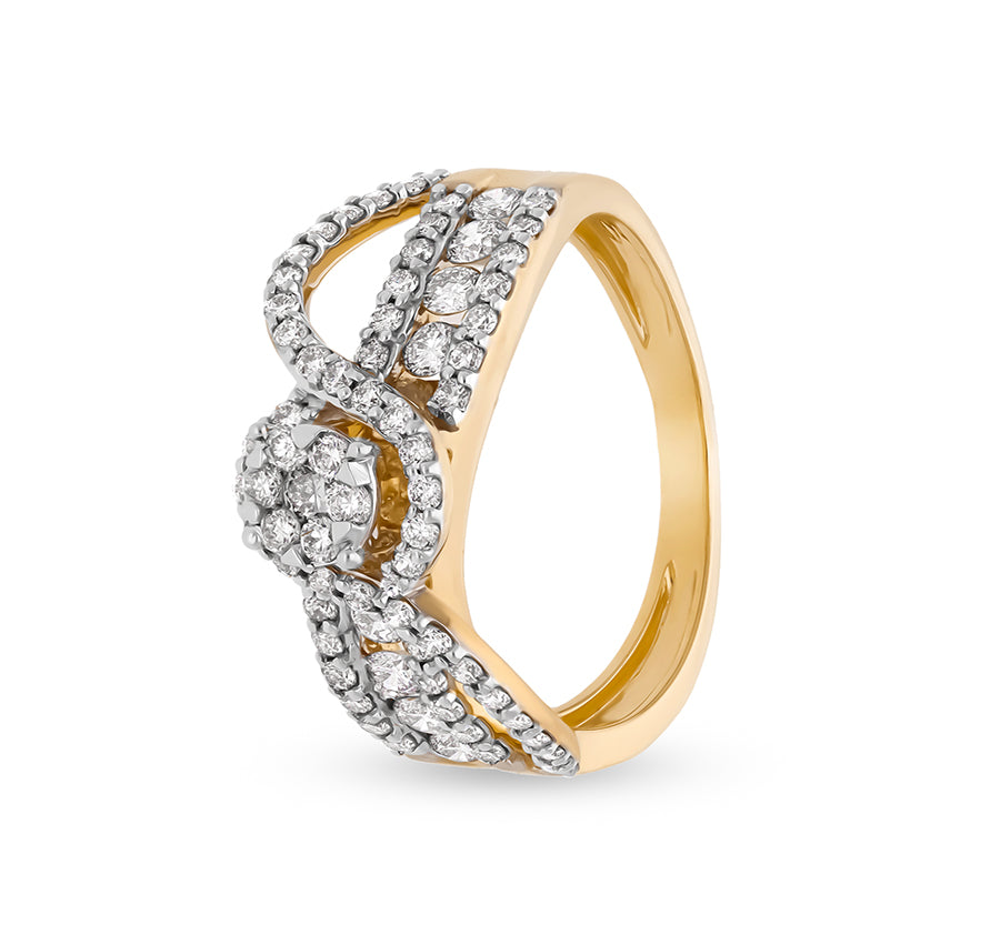 Tilde Sign Shape Round Natural Diamond With Prong Set Yellow Gold Casual Ring