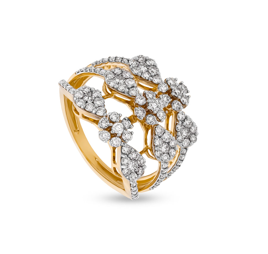 Charming Round Shape Natural Diamond With Prong Set Yellow Gold Cocktail Ring